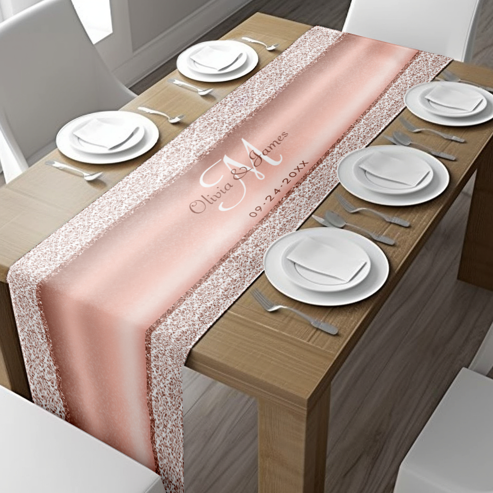 Elegant Damask Rose Gold Monogram Wedding Short Table Runner