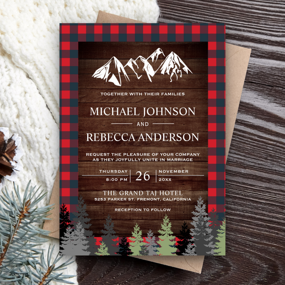 Rustic Wood Red Buffalo Plaid Mountain Wedding Invitation