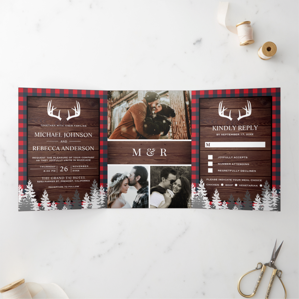 Rustic Barn Wood Red Buffalo Plaid Antlers Wedding Tri-Fold Invitation