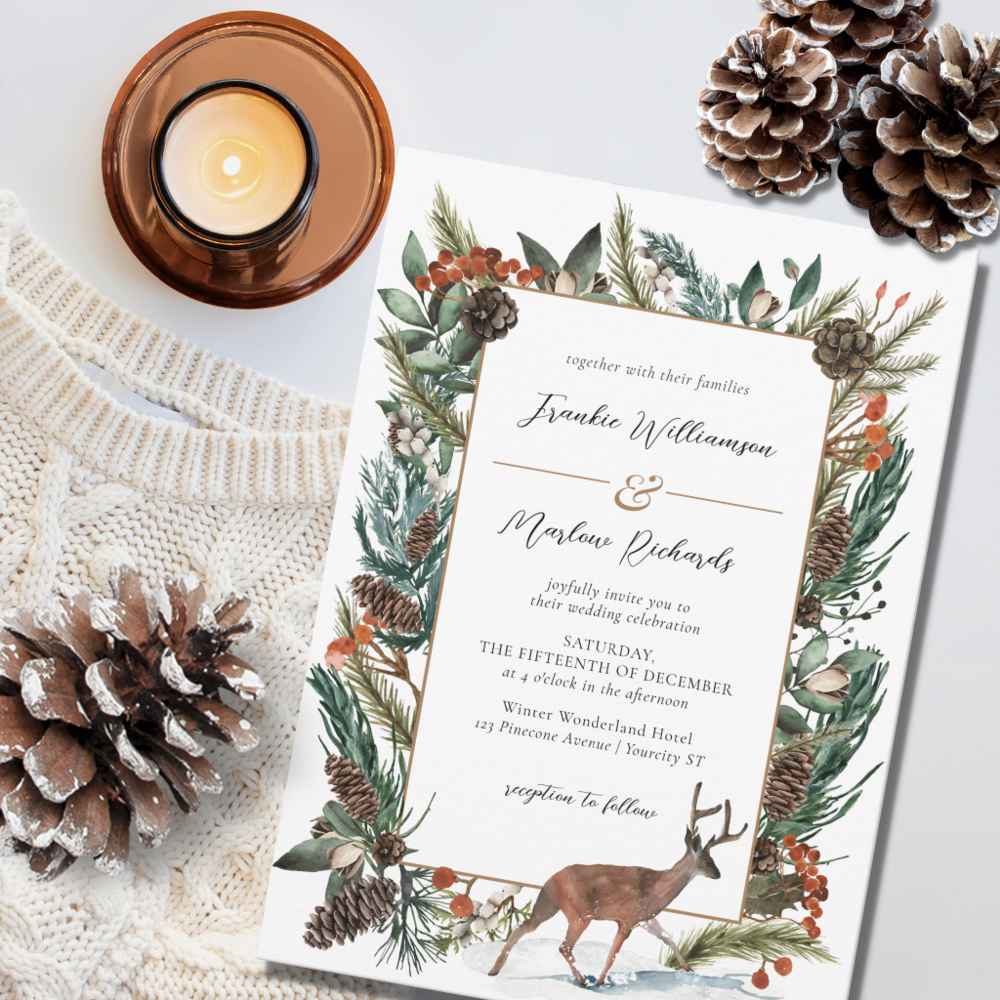 Rustic Winter Pine Cone Greenery Evergreen Wedding Invitation