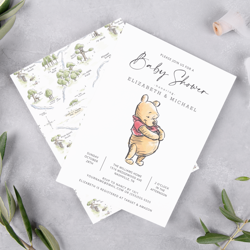 Simple Watercolor Winnie the Pooh Baby Shower Invitation
