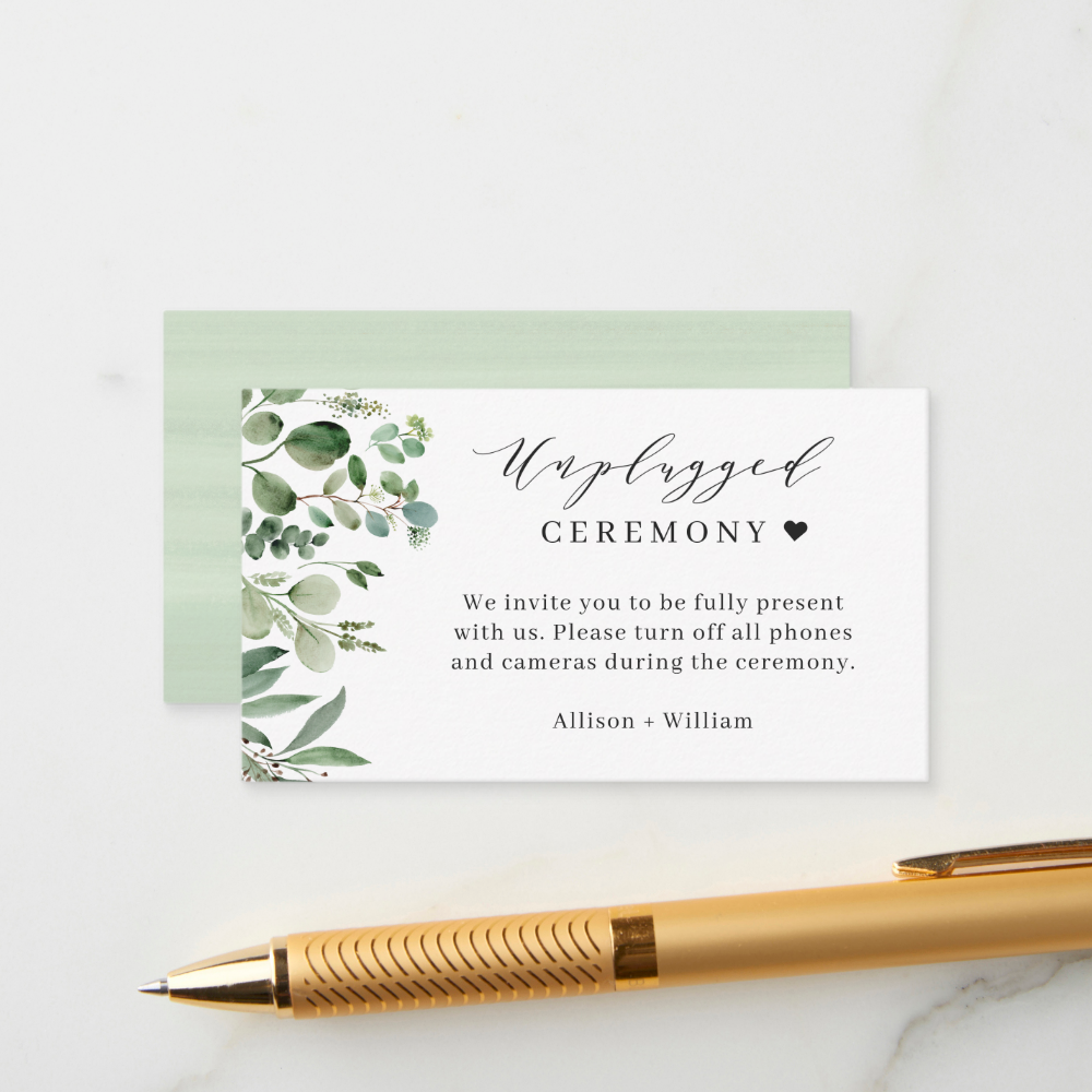 Green Eucalyptus Leaves Unplugged Wedding Ceremony Enclosure Card
