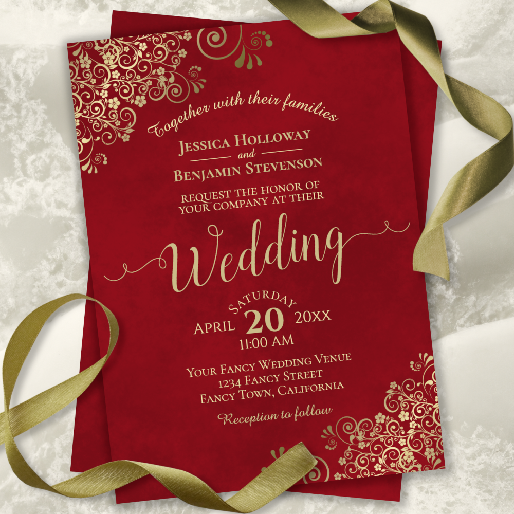 Elegant Red with Gold Frills & Calligraphy Wedding Invitation