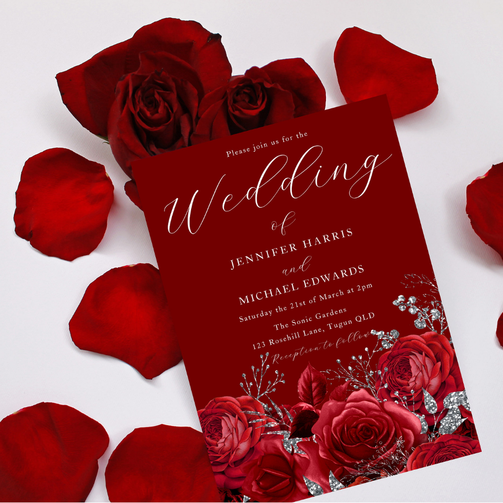 Romantic Deep Red Roses Elegant Wedding Invitation