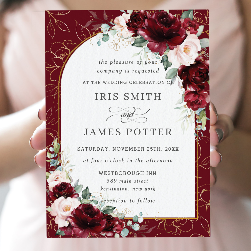 Burgundy Blush Floral Flowers Arch Gold Wedding Invitation