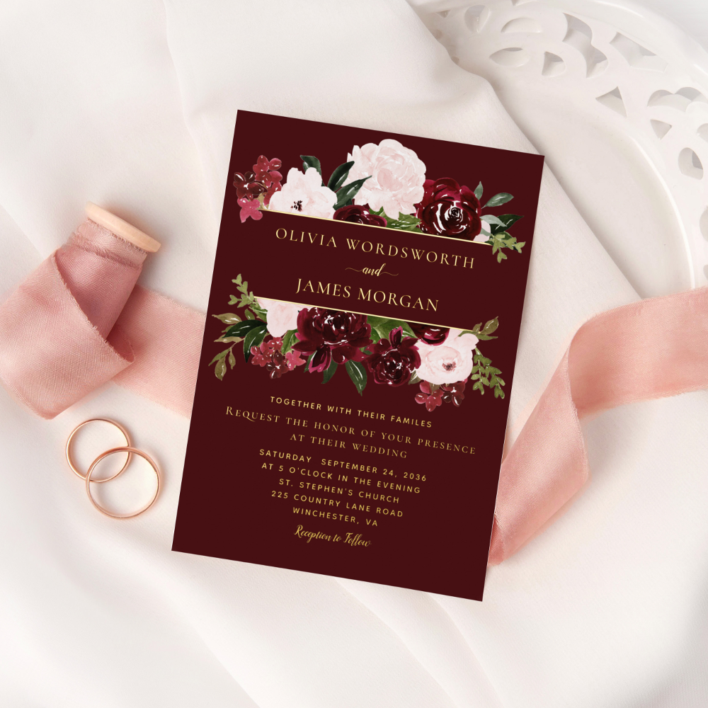 Elegant Burgundy Blush Floral Gold Foil Wedding Foil Invitation