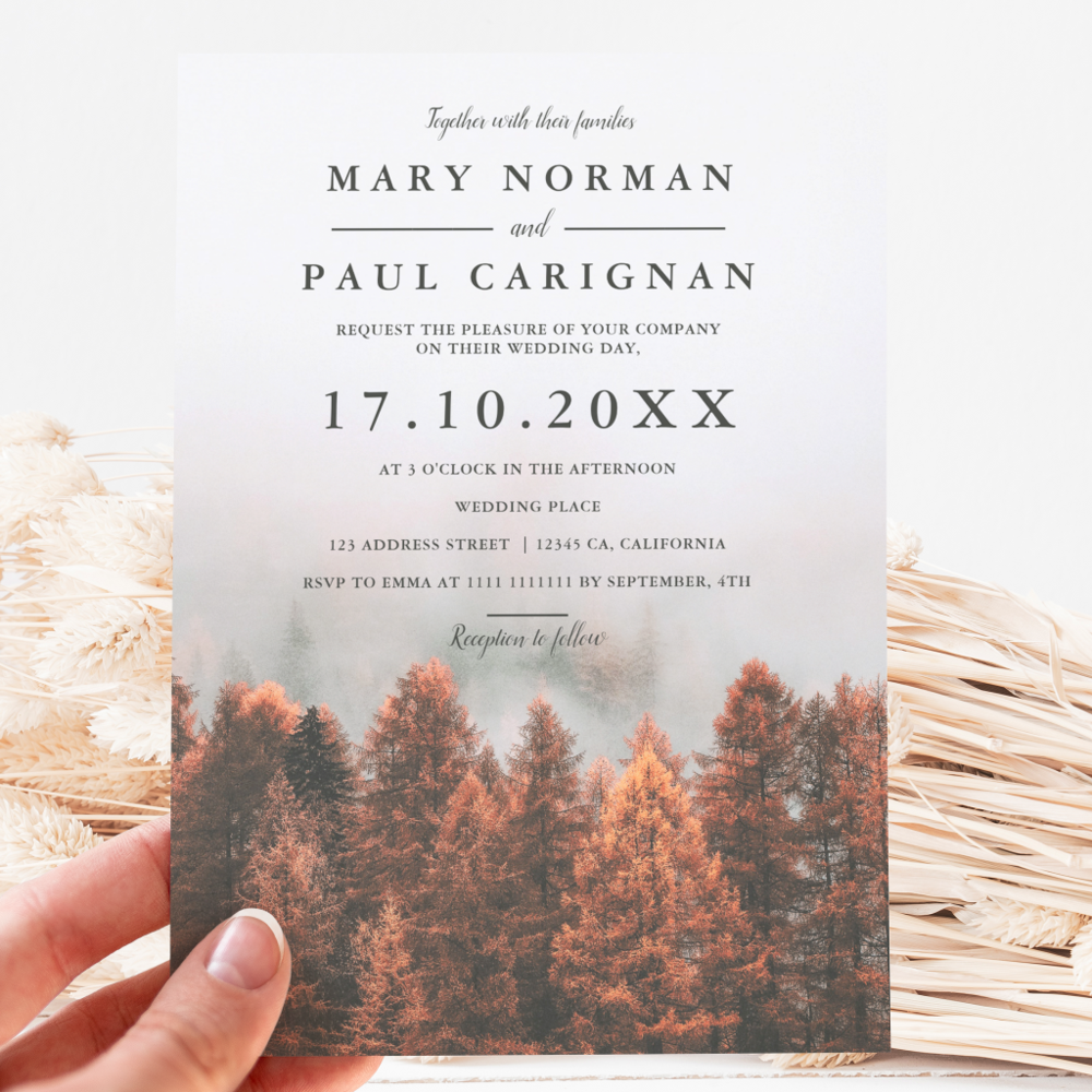 Fall winter pine trees forest photo chic wedding invitation