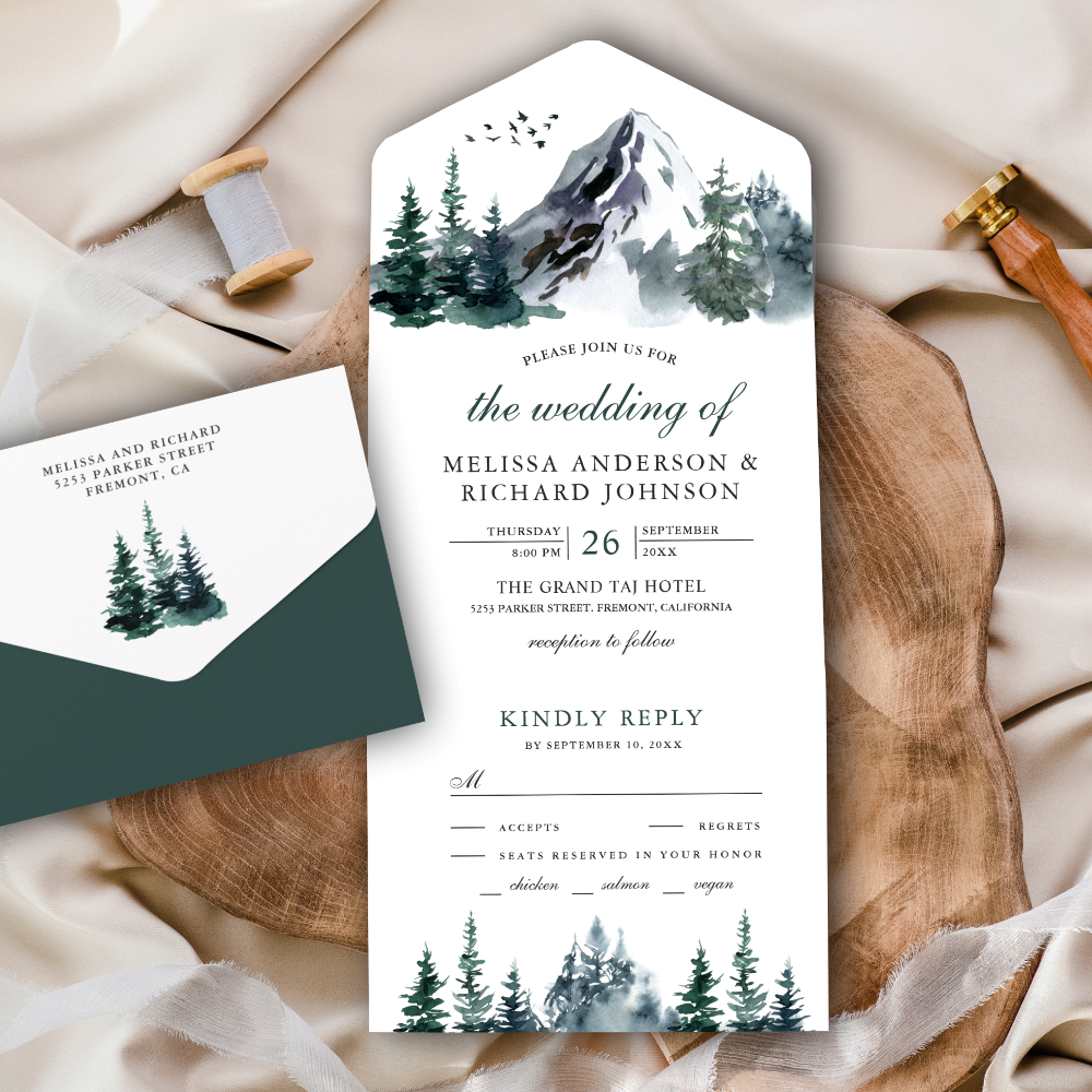 Rustic Watercolor Mountain Forest Winter Wedding All In One Invitation