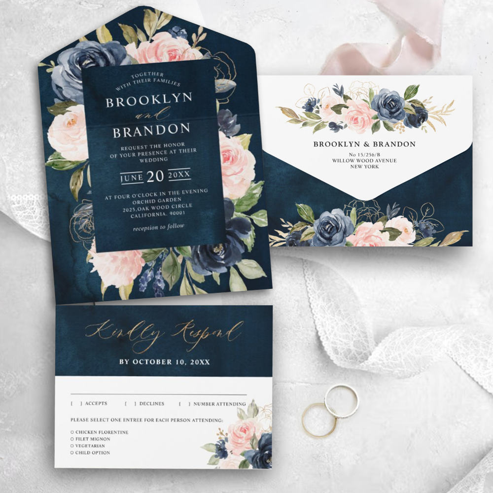 Navy Blue Dusty Blush Pink Floral Wedding All In One Invitation