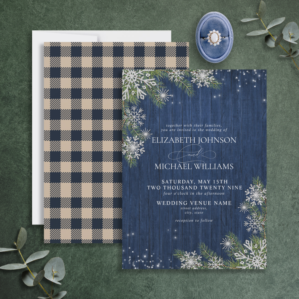 Blue Silver Winter Wood Plaid Rustic Wedding Invitation