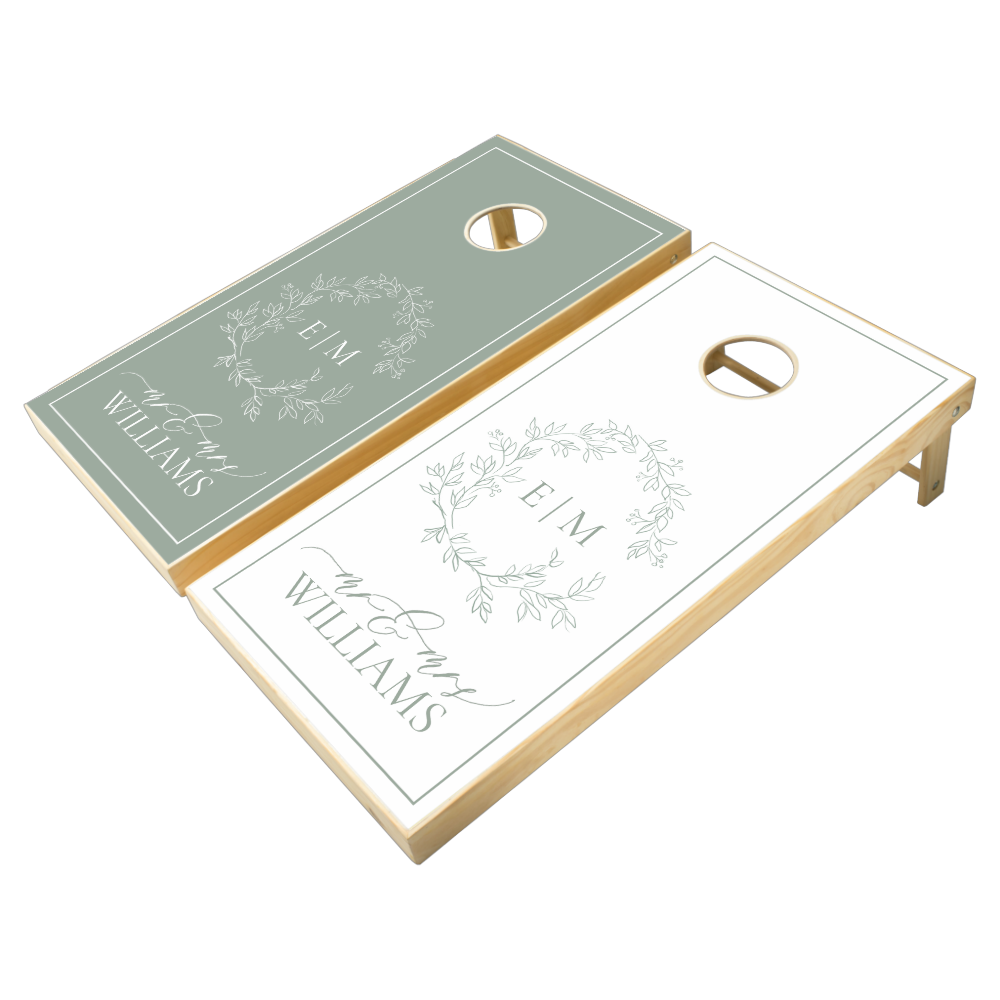 Modern Sage Green Leafy Crest Monogram Wedding Cornhole Set