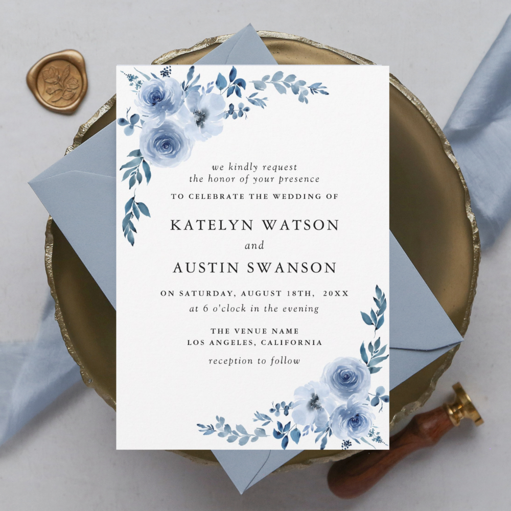 Lovely Dusty Blue Floral Wedding Invitation