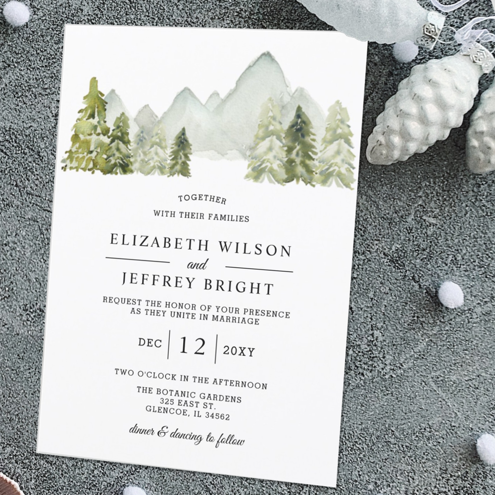 Rustic Watercolor Mountains Pine Winter Wedding Invitation