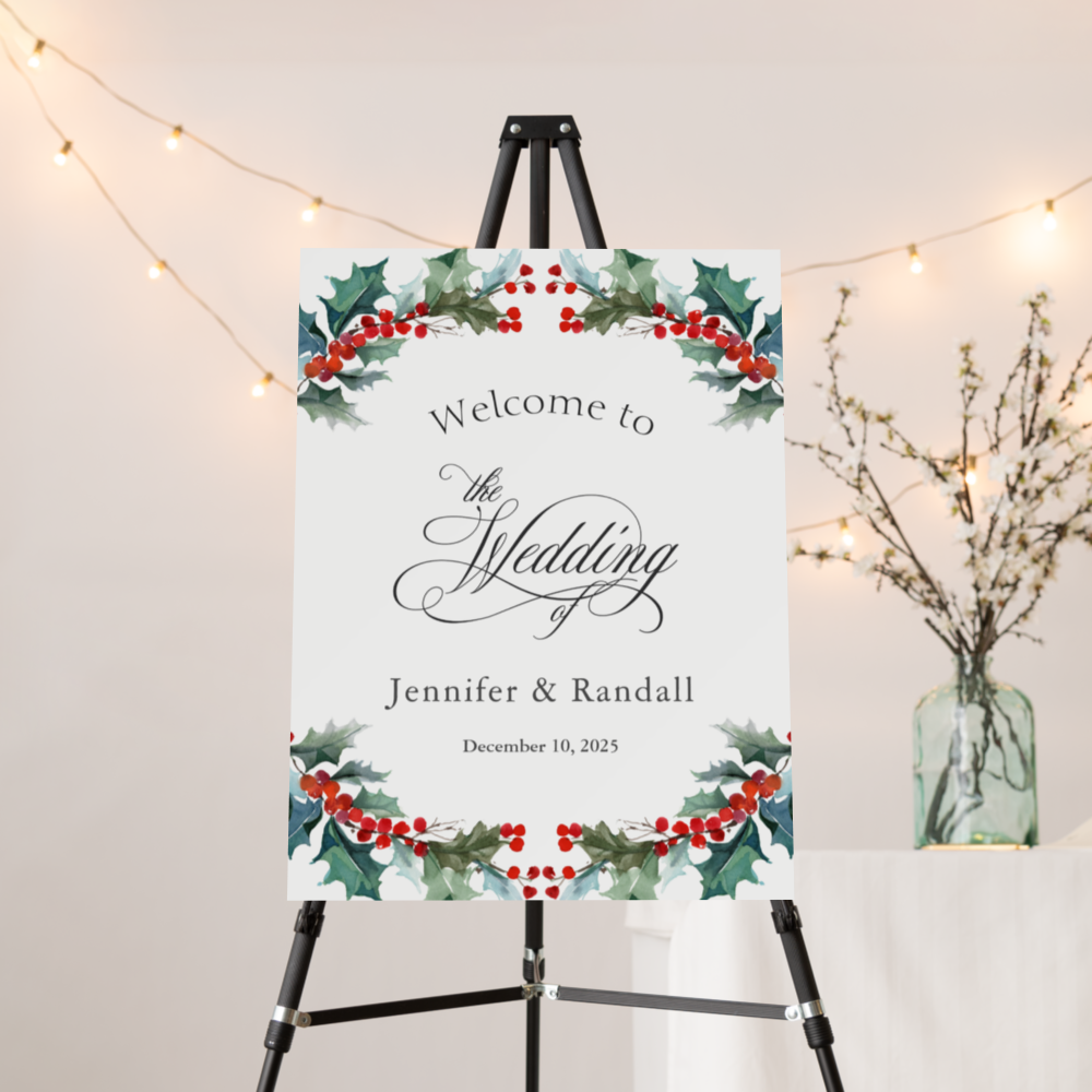 Watercolor Holly and Berries Wedding Welcome Foam Board