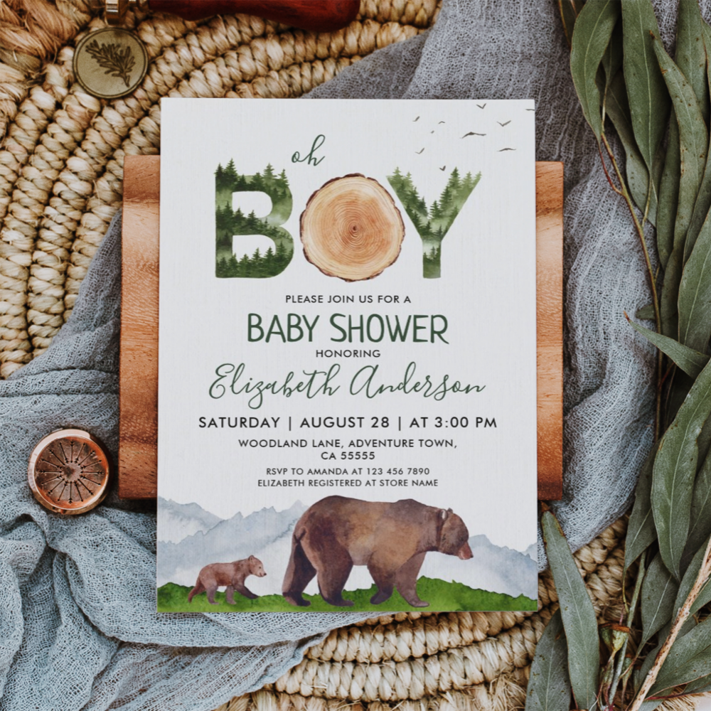 Watercolor Boy Woodland Baby Shower Invitation