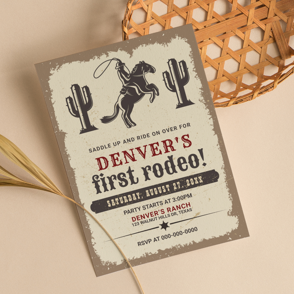 Western Rodeo Cowboy First Rodeo Birthday Invitation