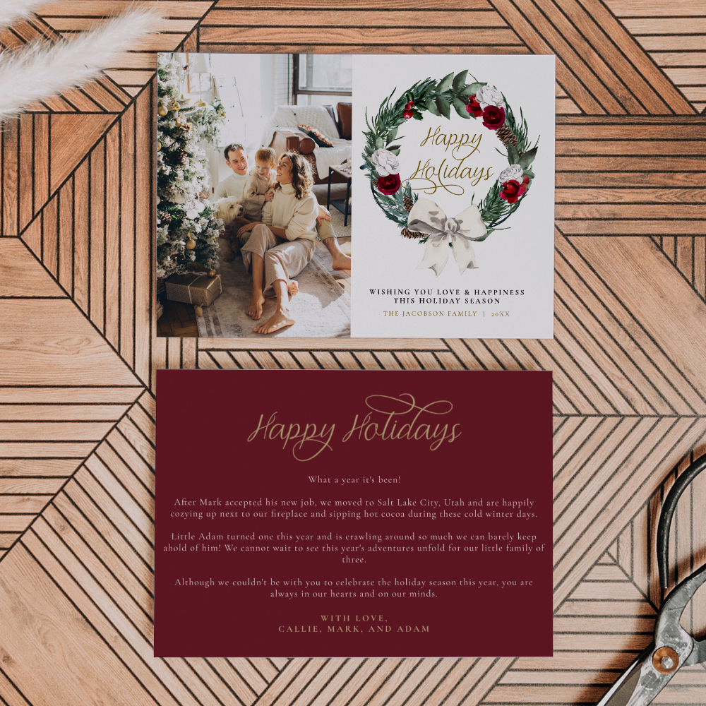 HOLLY Burgundy Floral Pine Photo Christmas Card