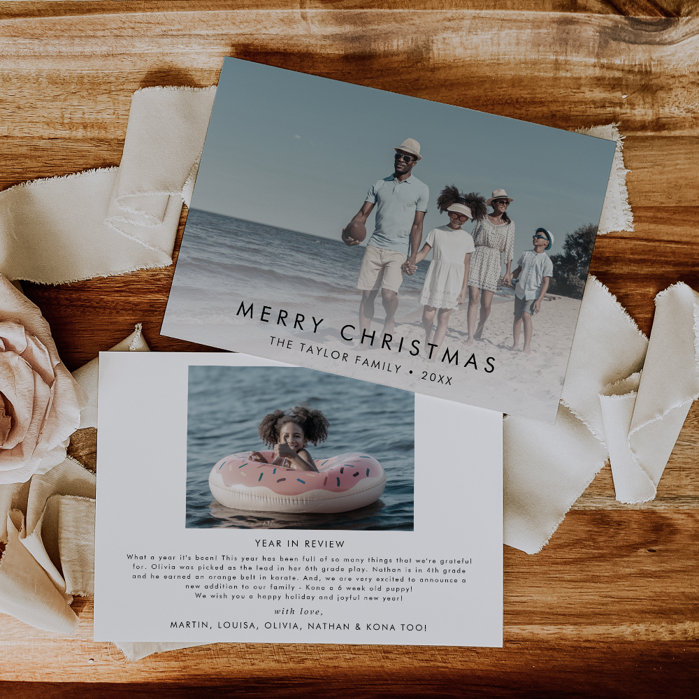 Chic Merry Christmas Year In Review 2 Photo Holiday Card