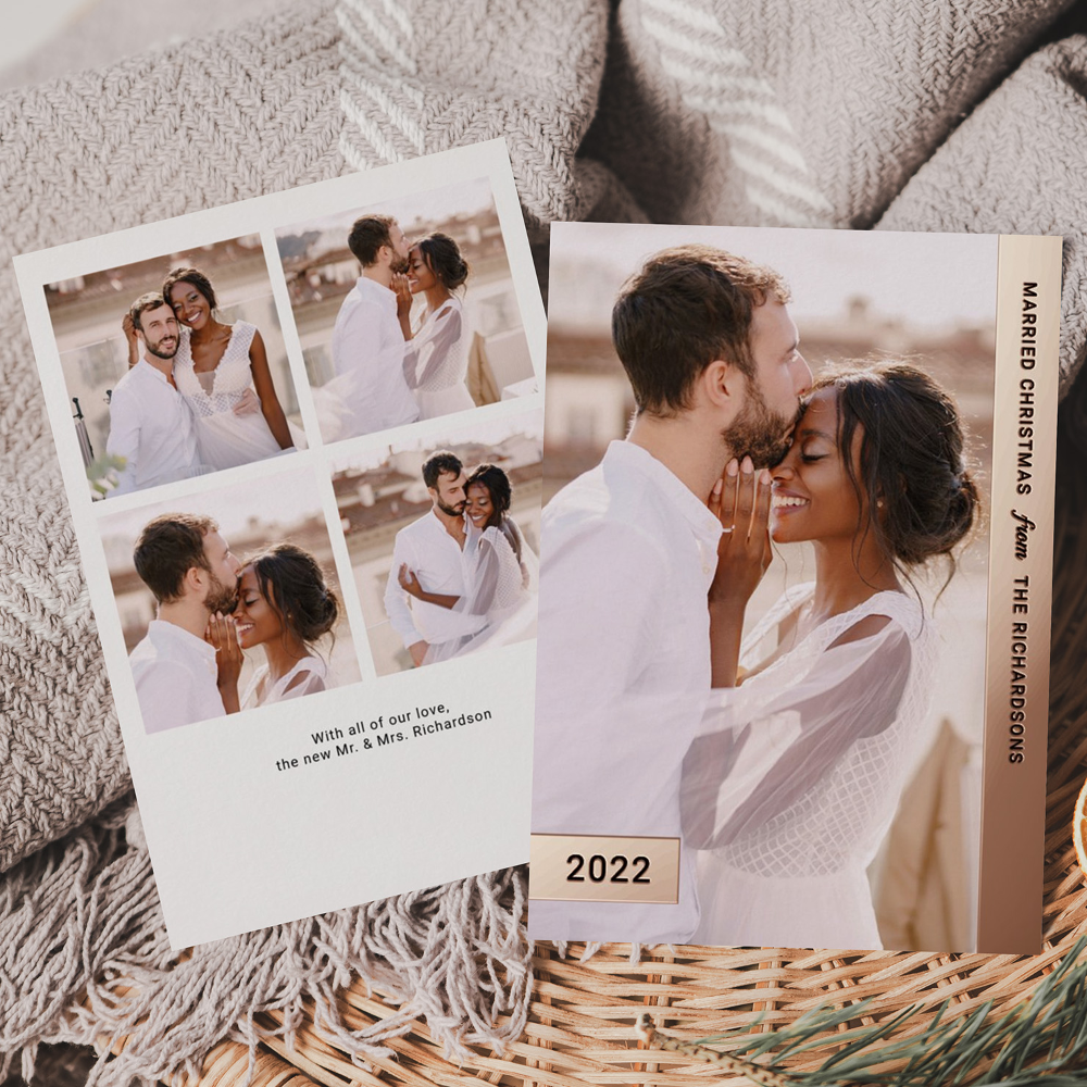Married Christmas | Rose Gold Newlywed Multi Photo Foil Holiday Card