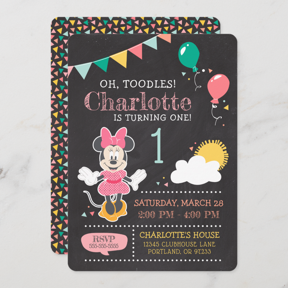 Minnie Mouse Birthday Chalkboard 1st Birthday Invitation
