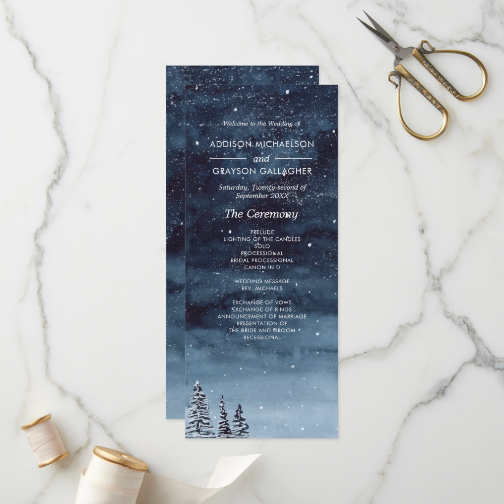 Navy Blue Snowy Winter Night Wonderland Wedding Program