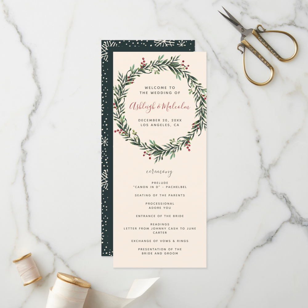 Festive Watercolor Christmas Wreath Wedding Program