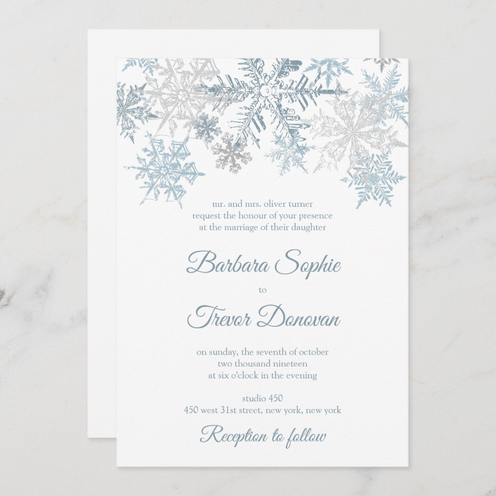 Silver Blue Snowflakes Christmas Winter Wedding Invitation