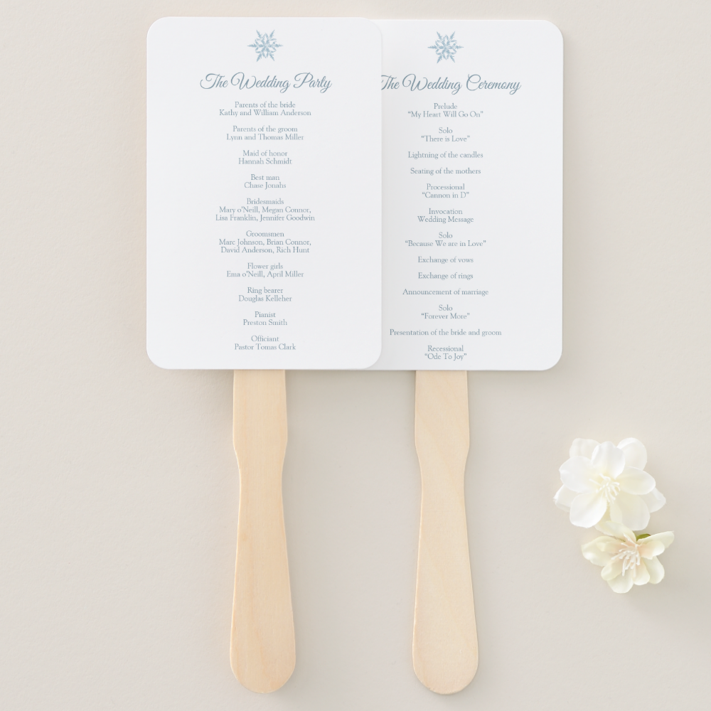 Silver Blue Snowflakes Winter Wedding Program Hand Fan