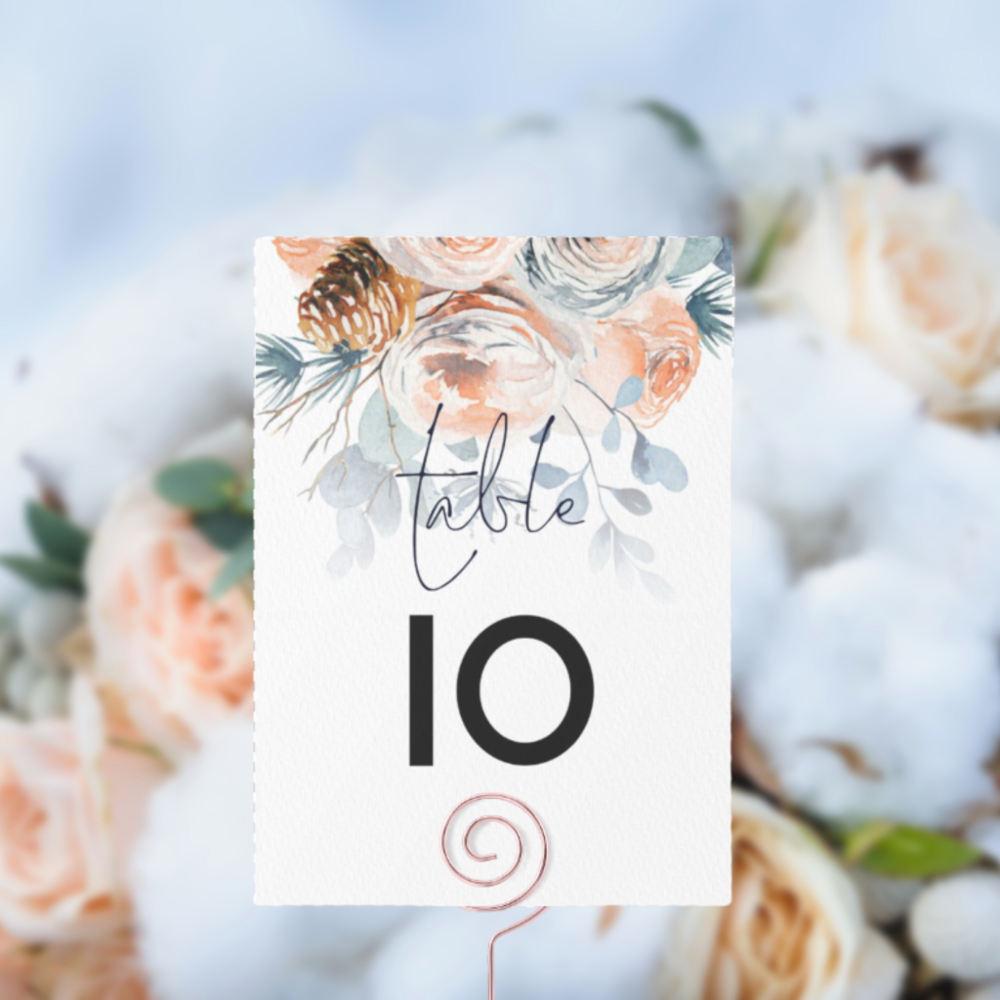 Winter Blue Peach Florals Script Wedding Table Number