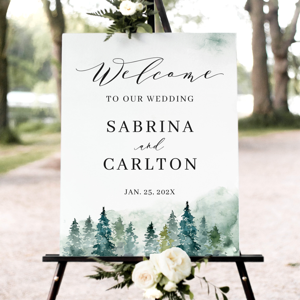 Winter Forest Pine Trees Welcome Wedding Sign