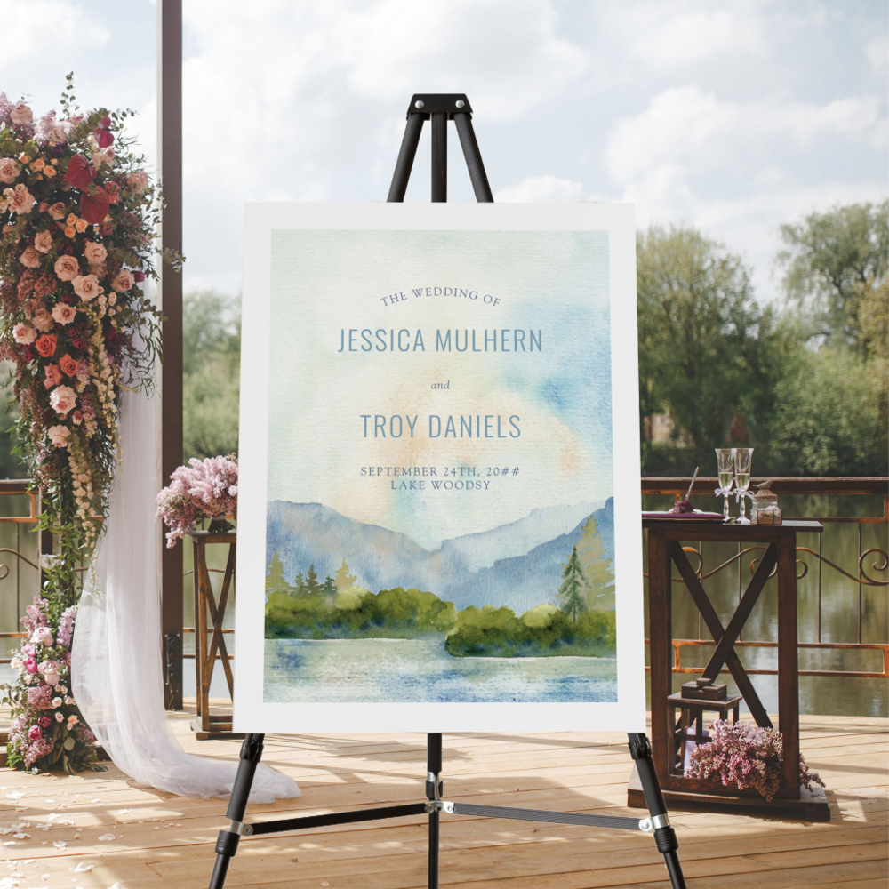 Wedding Welcome Mountain Lake Watercolor Easel Foam Board