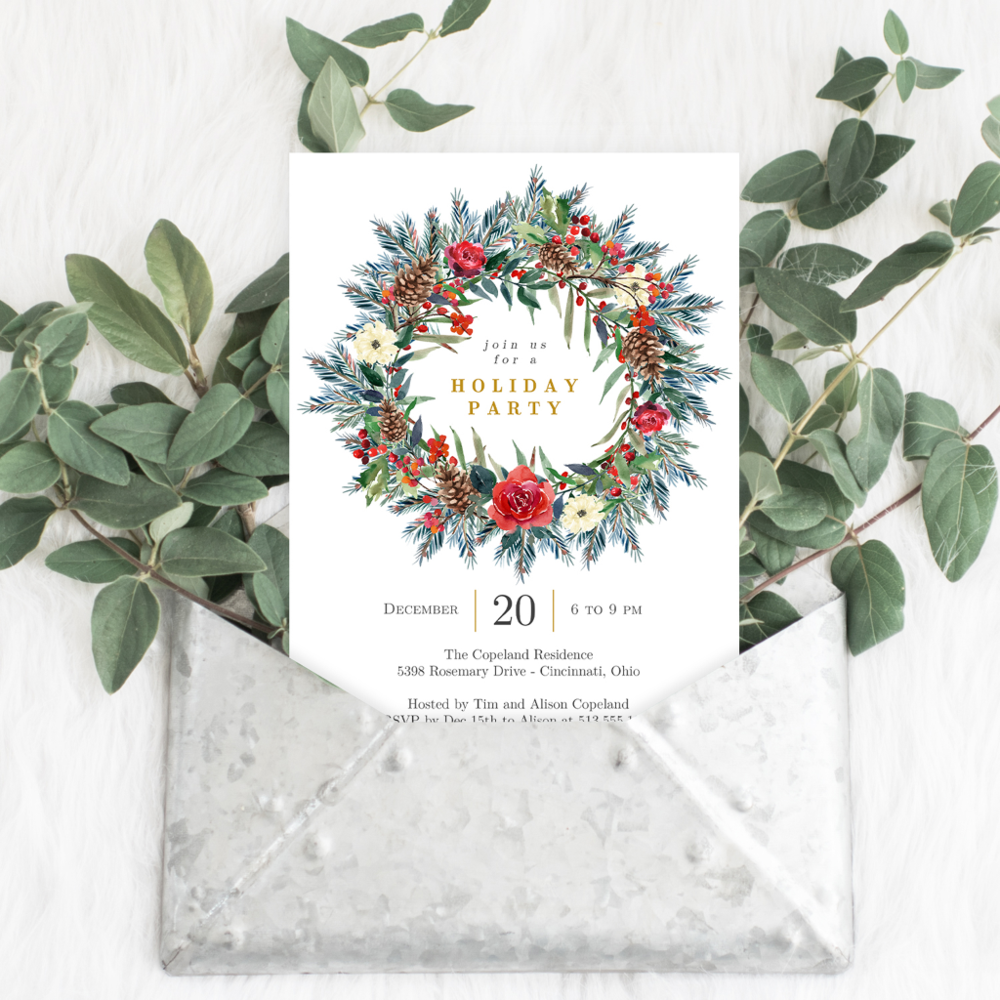 Festive Wreath Holiday Party Invitation