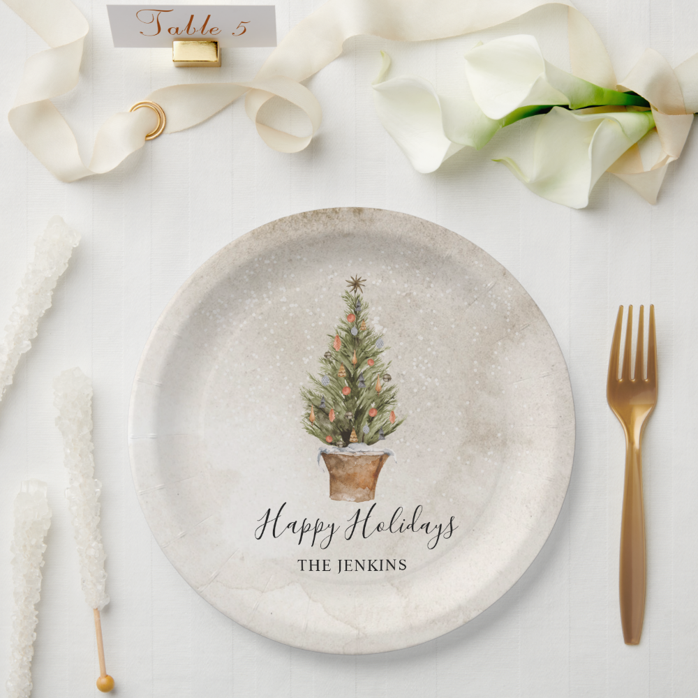 Rustic Happy Holidays Christmas Tree Paper Plates