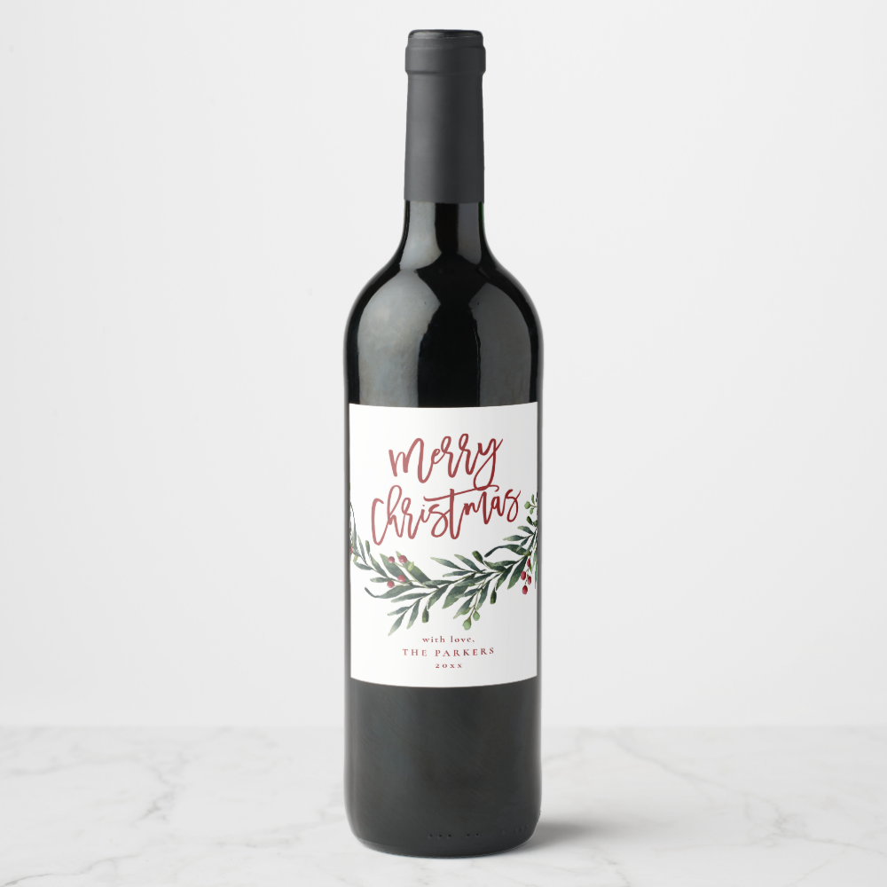 Script Merry Christmas Greenery Holiday Party Wine Label