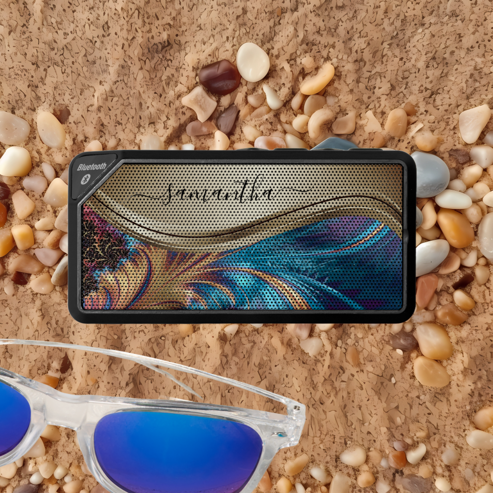 Modern Fractal Blue Gold Handwritten Name Bluetooth Speaker
