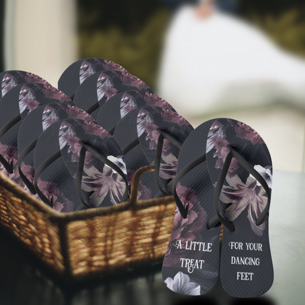 Dark Floral Wedding Adult Flip Flops, Slim Straps Flip Flops