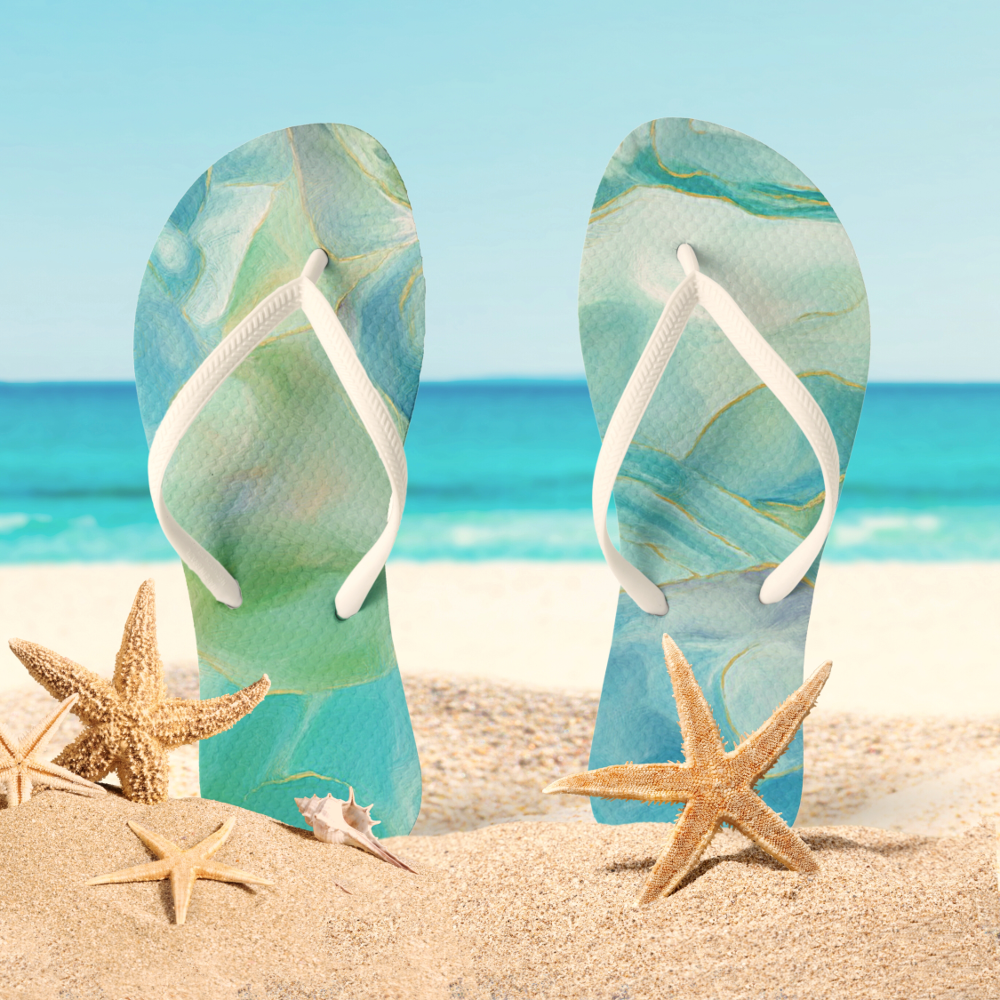 Turquoise Gemstone Watercolor Tropical Summer Flip Flops