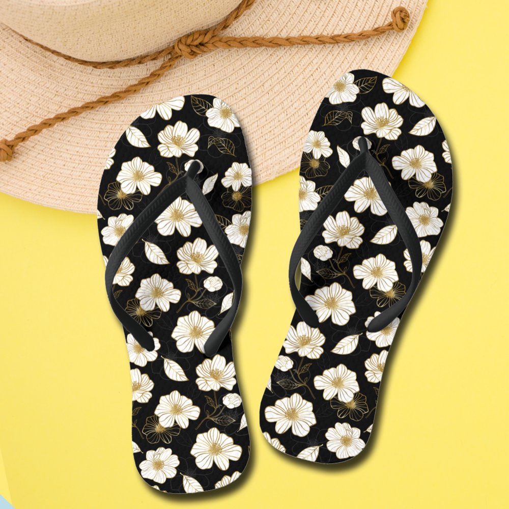 White Gold Flowers Black Flip Flops