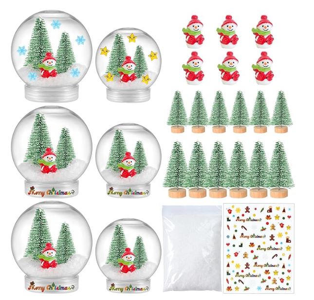 12 Mini Xmas Trees, 6 Christmas Snowman Fillable Ornaments, 1 Xmas Sticker with Artificial Snow for DIY Crafts Home Winter Decor