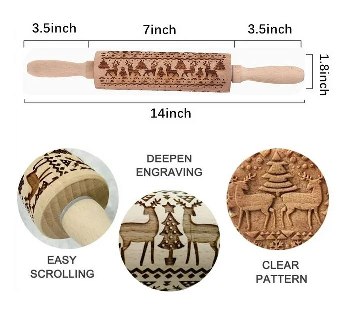 Wooden Rolling Pin Christmas Engraved Embossed Rolling Pin with Christmas Symbols for Baking Embossed Cookies, Perfect Gift for your friends, mum, grandparents.