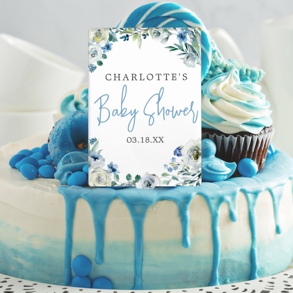 Elegant Blue White Floral Spring Boy Baby Shower Cake Topper