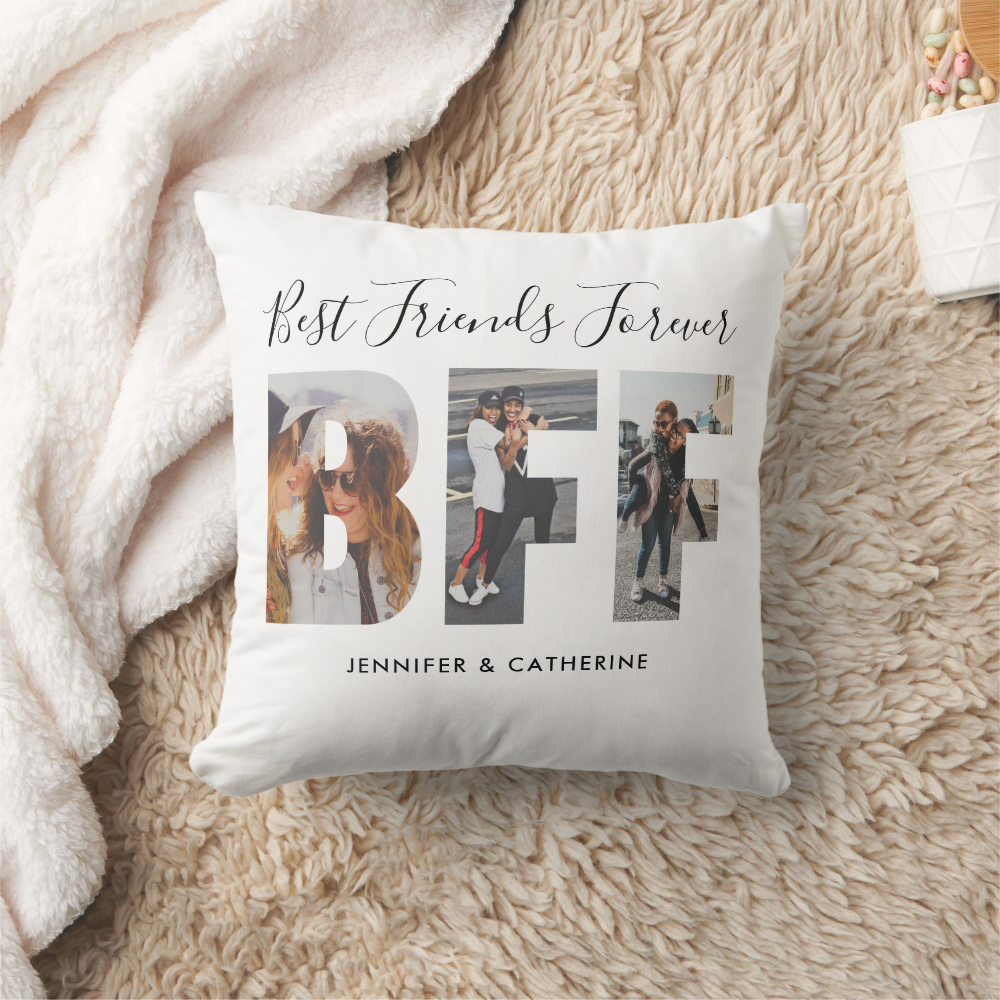 Trendy BFF 3 Photo Best Friends Forever Names Chic Throw Pillow