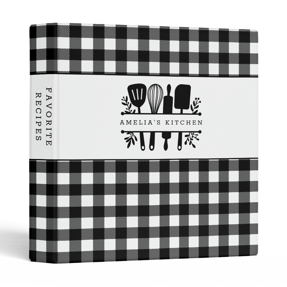 Rustic Black and White Plaid Personalized Recipe 3 Ring Binder