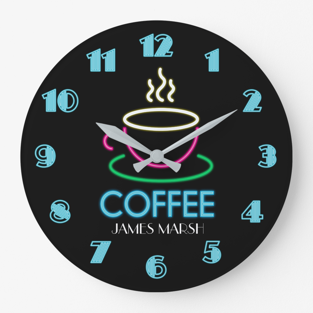 Retro Neon Sign Coffee Cafe Large Clock