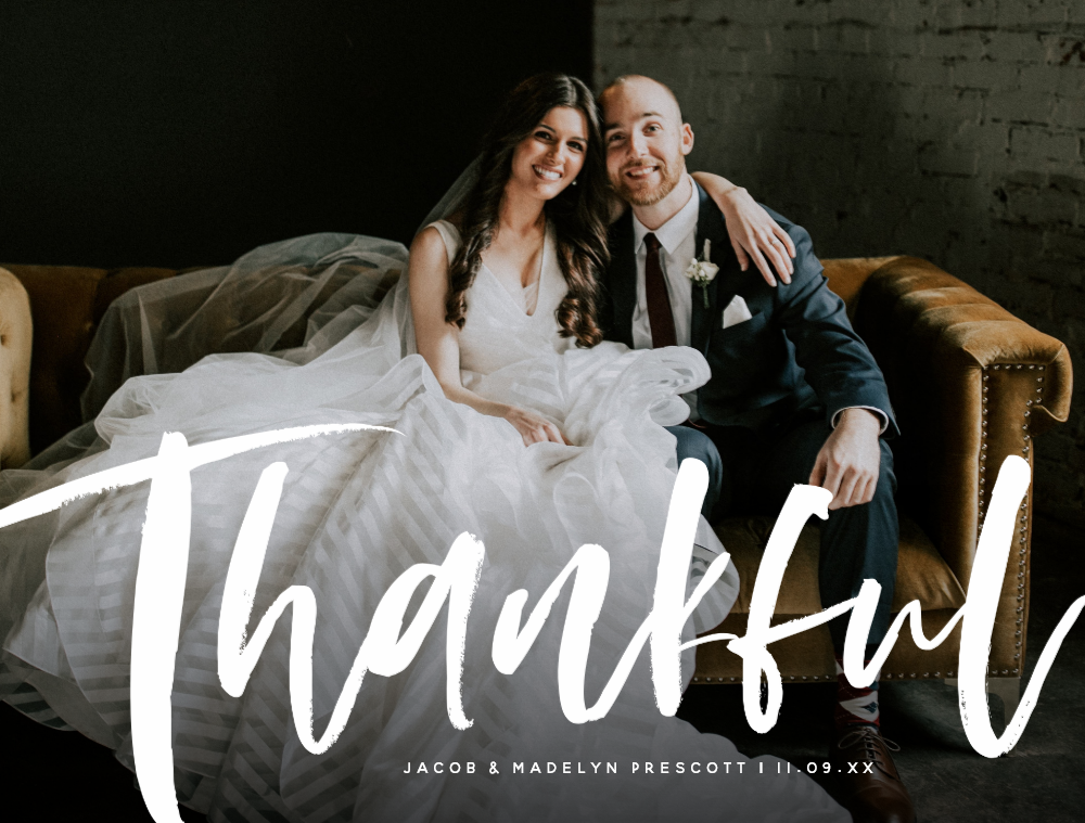 Thankful brush script wedding thank you postcard