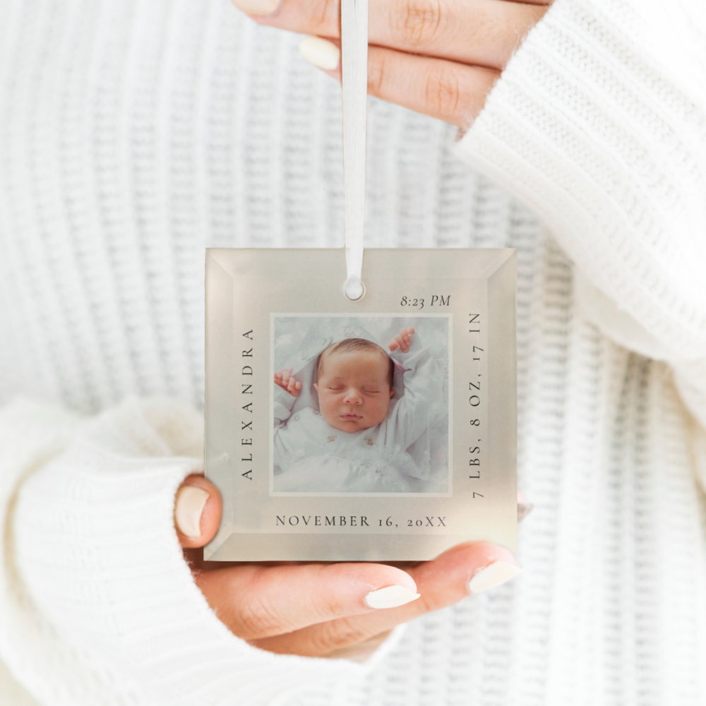 Minimal Baby Name & Birth Stats Photo Keepsake Glass Ornament