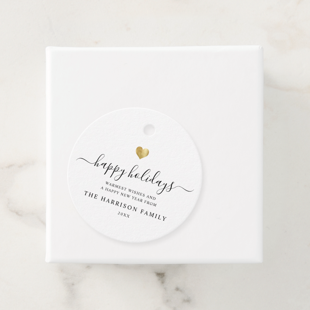 Elegant Modern Script Gold Heart Happy Holiday Favor Tags