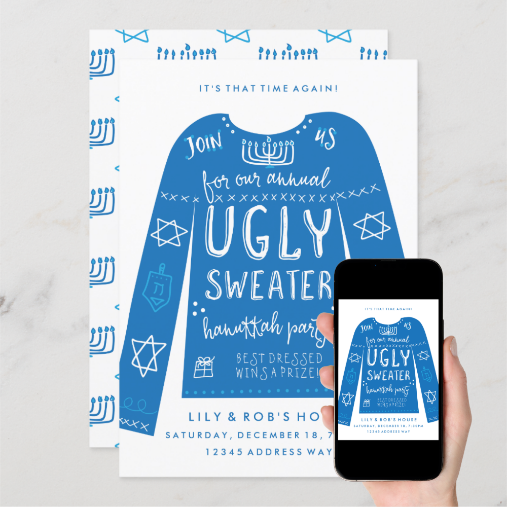 Festive Ugly Sweater Hanukkah Party Invitations