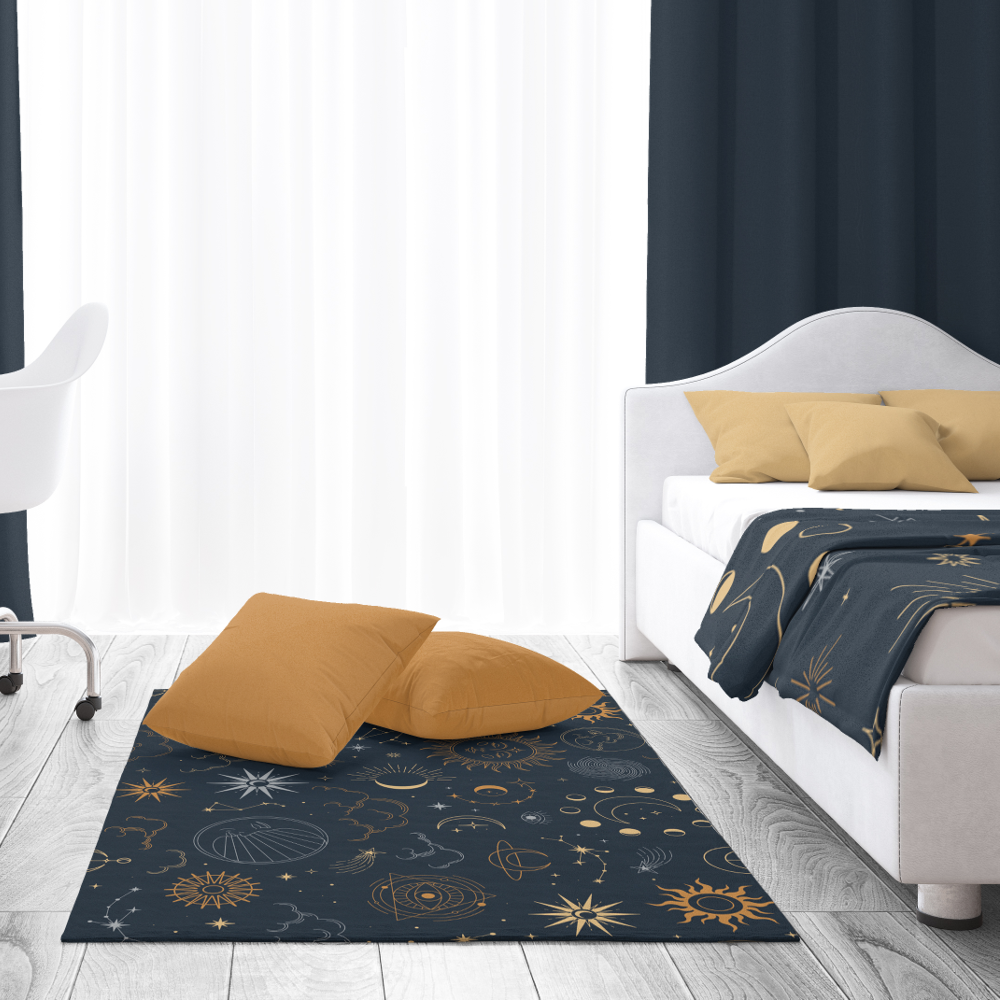 Sun Moon Stars Dark Celestial Pattern Rug