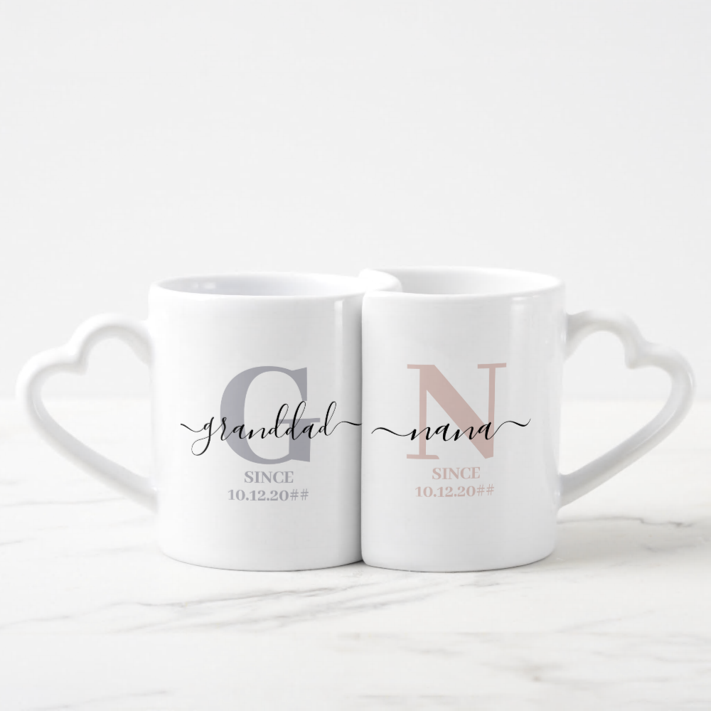 New Nana and Granddad Monogram Grey and Blush Coffee Mug Set